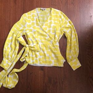 Yellow and ivory wrap blouse